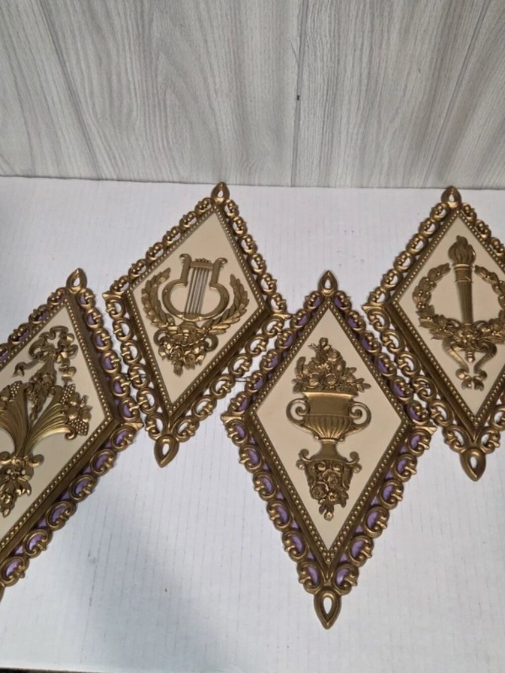 Set Vtg Homco Wall Plaques Floral Gold Hollywood Regency Diamond Olympic Glam